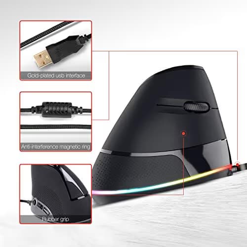 Havit Ergonomic Vertical Mouse RGB Backlit Wired Computer Mice 6 Adjustable DPI(800-1600-2400-3200-4800-6400) 6 Buttons for Laptop PC Desktop, Notebook image