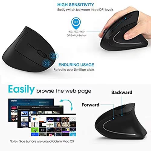 Ergonomic Mouse, Wireless Vertical Mouse, FIRSTMEMORY 2.4G Optical Ergonomic Vertical Mouse, 6 Buttons, 800/1200/1600 DPI for PC Mac Laptop Desktop (Ergonomic Mouse-Red DPI) image