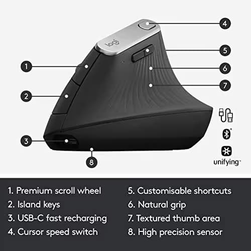 Logitech MX Vertical Advanced Ergonomic Mouse, Wireless via Bluetooth or Included USB Receiver (Renewed) image