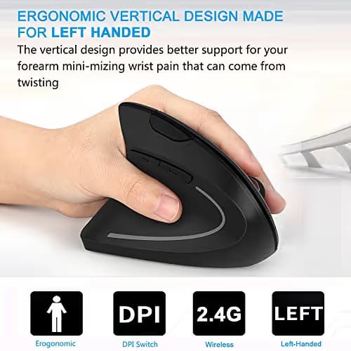 Left Handed Mouse, Lekvey Wireless 2.4G USB Left Hand Ergonomic Vertical Mouse, Less Noise - Black image