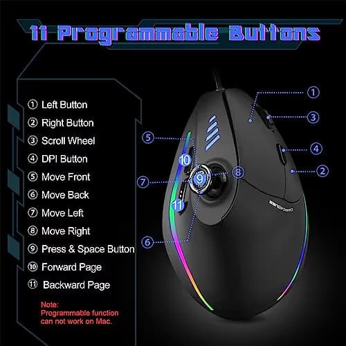 Gaming Mouse with 5 D Rocker, TRELC Ergonomic Mouse with 10000 DPI/11 Programmable Buttons, RGB Vertical Gaming Mice Wired for PC/Laptop/E-Sports/Gamer (Black) image