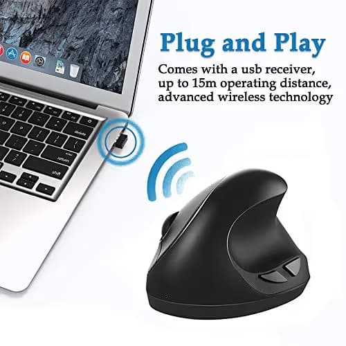 Wireless Mouse, ADLOKO Vertical Ergonomic Optical USB Rechargeable Mice Adjustable Sensitivity 800/1200 /1600 DPI for Laptop, Chromebook, PC, Desktop image