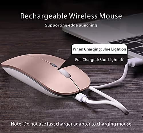 Picktech Q5 Slim Rechargeable Wireless Mouse, 2.4G Portable Optical Silent Ultra Thin Wireless Computer Mouse with USB Receiver and Type C Adapter, Compatible with PC, Laptop, Desktop (Rose Gold) image