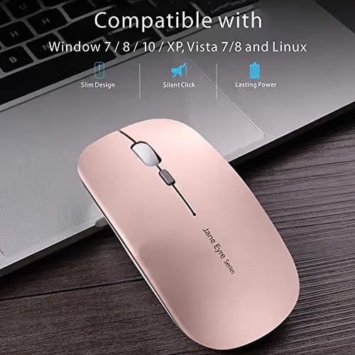Picktech Q5 Slim Rechargeable Wireless Mouse, 2.4G Portable Optical Silent Ultra Thin Wireless Computer Mouse with USB Receiver and Type C Adapter, Compatible with PC, Laptop, Desktop (Rose Gold) image