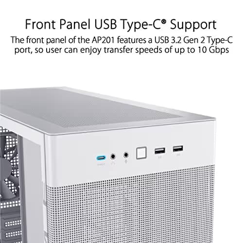 Asus Prime AP201 Micro ATX Mini Tower White Tempered Glass Side Panel, USB 3.2 Gen 2 Type-C, USB 3.2 Gen 1 Type-A image