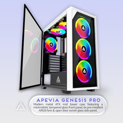 Apevia Genesis Pro ATX Mid Tower White Tempered Glass Side Panel, USB 3.2 Gen 1 Type-C and USB 2.0 Type-A Front Panel image