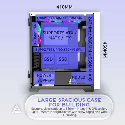 Apevia Genesis Pro ATX Mid Tower White Tempered Glass Side Panel, USB 3.2 Gen 1 Type-C and USB 2.0 Type-A Front Panel image