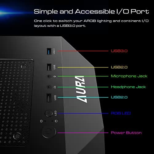 GAMDIAS AURA GC1 ATX Mid Tower Black with Tempered Glass Side Panel and USB 3.2 Gen 1 Type-A, USB 2.0 Type-A image