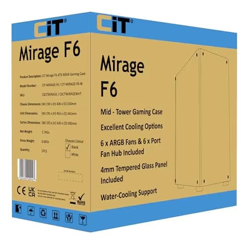 CiT Mirage F6 ATX Mid Tower Black with Tempered Glass Side Panel and USB 3.2 Gen 1 Type-A / USB 2.0 Type-A image