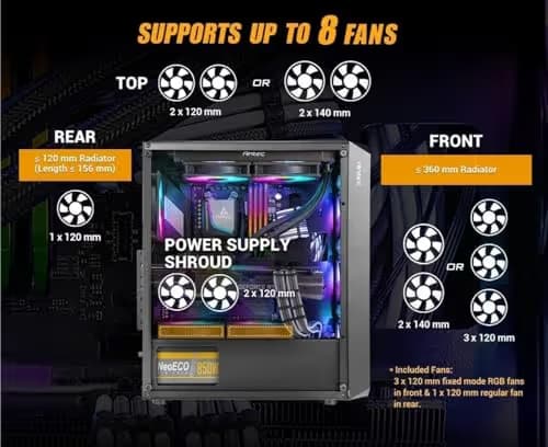 Antec NX292 ATX Mid Tower Black with Tempered Glass Side Panel and USB 3.2 Gen 1 Type-A, USB 2.0 Type-A image