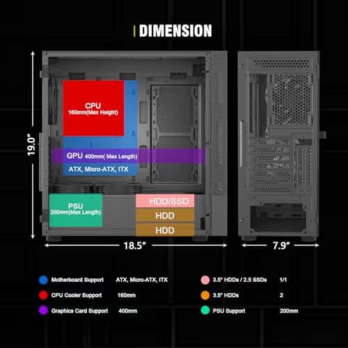 Vetroo AL600 ATX Mid Tower Black with Tempered Glass Side Panel and USB 3.2 Gen 1 Type-A, USB 2.0 Type-A Front Panel image