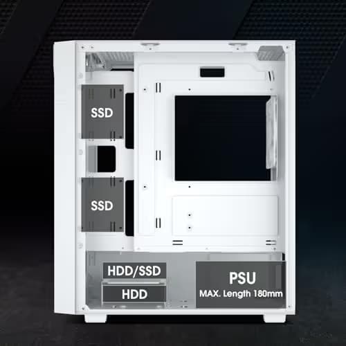 Vetroo M05 Micro ATX Mid Tower White Tempered Glass Side Panel and USB 3.2 Gen 1 Type-C, USB 3.2 Gen 1 Type-A, USB 2.0 Type-A image
