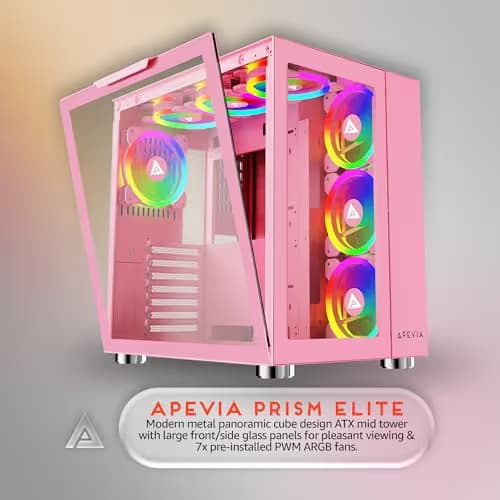 Apevia Prism Elite ATX Mid Tower Pink with Tempered Glass Side Panel, USB 3.2 Gen 1 Type-A, USB 2.0 Type-A image