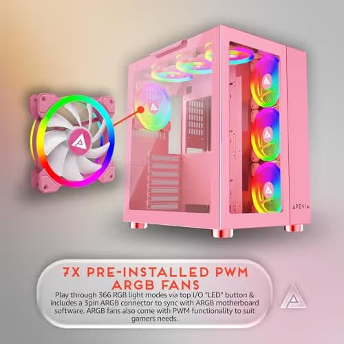 Apevia Prism Elite ATX Mid Tower Pink with Tempered Glass Side Panel, USB 3.2 Gen 1 Type-A, USB 2.0 Type-A image