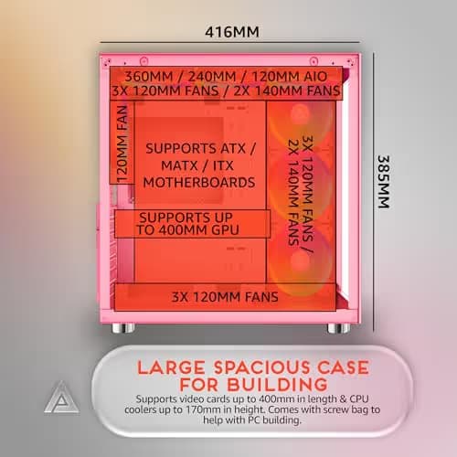 Apevia Prism Elite ATX Mid Tower Pink with Tempered Glass Side Panel, USB 3.2 Gen 1 Type-A, USB 2.0 Type-A image