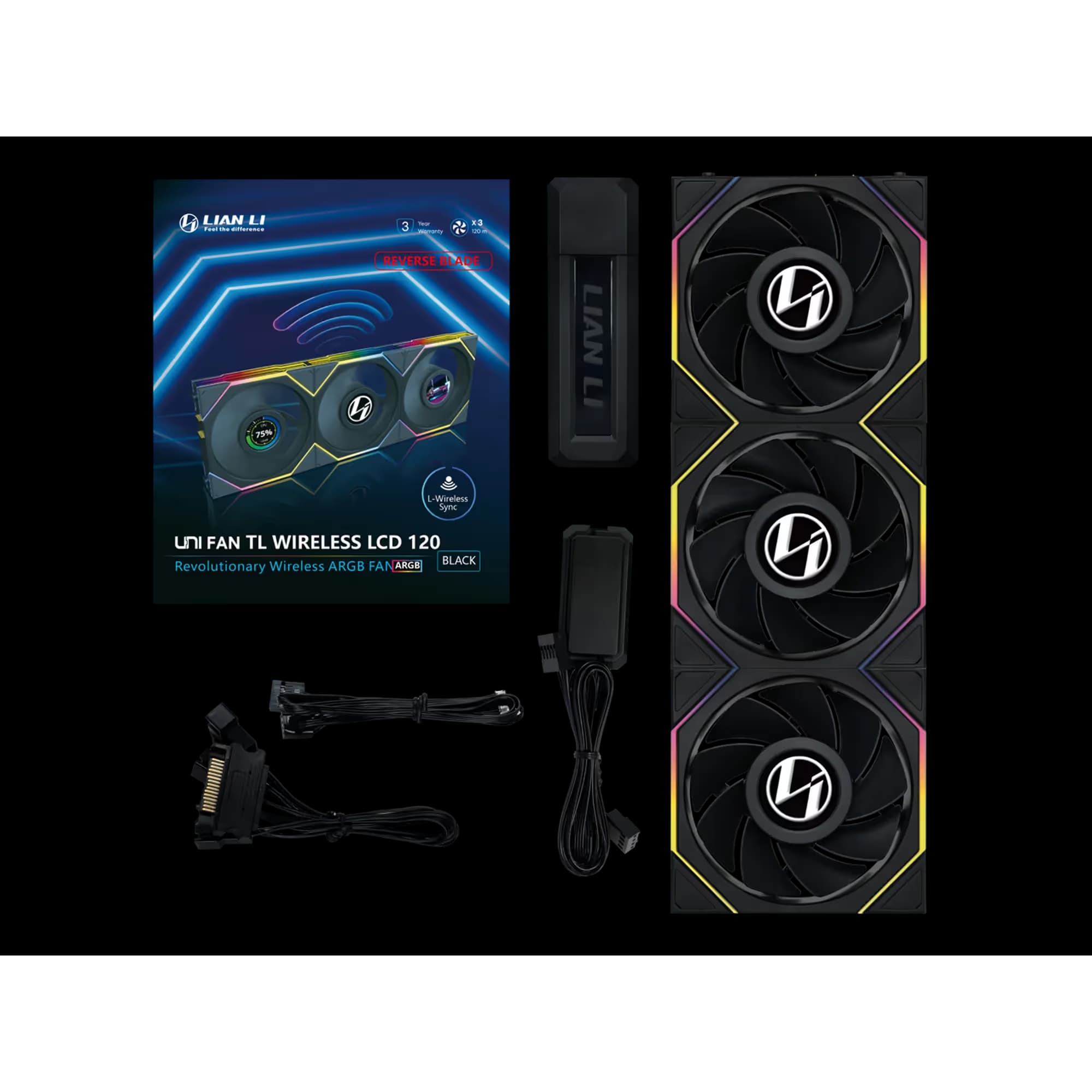 Lian Li UNI FAN TL LCD Wireless 120mm Black ARGB Reverse PWM  Wireless 3-Pack image