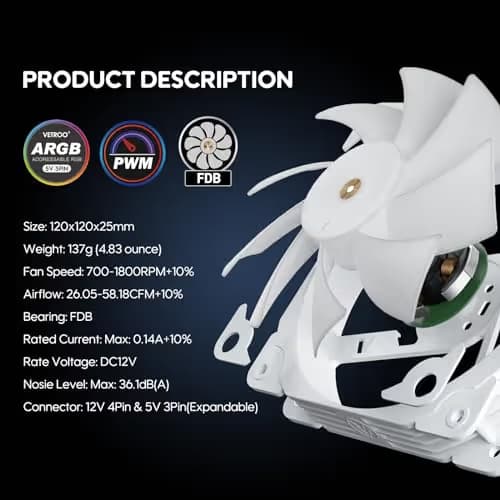 Vetroo SA-120 120mm White Addressable RGB PWM 58.18 CFM 1-Pack image