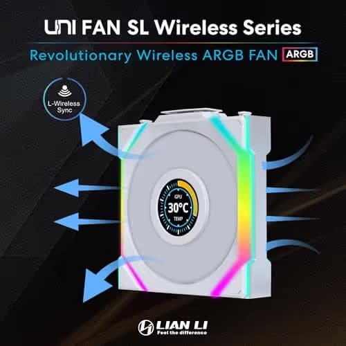 Lian Li UNI FAN SL Wireless LCD Reverse 120mm 51.45 CFM Addressable RGB PWM White 3-Pack image