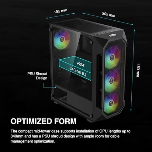 GAMDIAS AURA GC1 ELITE ATX Mid Tower Black with Tempered Glass Side Panel, USB 3.2 Gen 1 Type-A and USB 2.0 Type-A Front Panel, 395 x 195 x 450 mm image