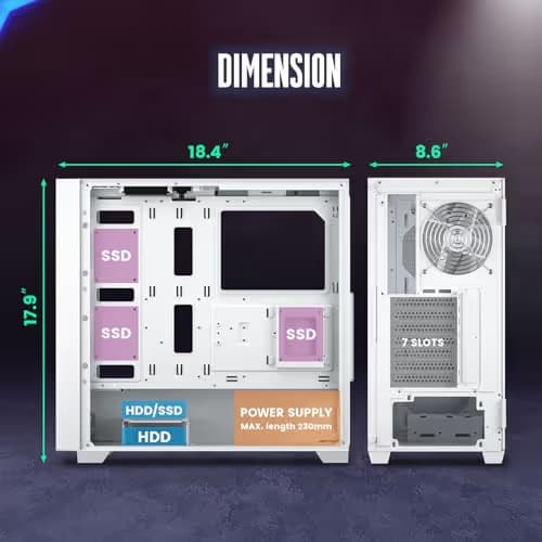 Vetroo AL800 ATX Mid Tower White with Tempered Glass Side Panel and USB 3.2 Gen 2 Type-C, USB 3.2 Gen 1 Type-A, USB 2.0 Type-A Front Panel image