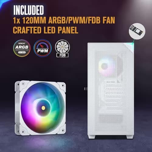 Vetroo AL800 ATX Mid Tower White with Tempered Glass Side Panel and USB 3.2 Gen 2 Type-C, USB 3.2 Gen 1 Type-A, USB 2.0 Type-A Front Panel image