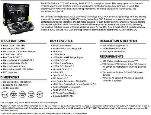 EVGA FTW GAMING ACX 3.0 GeForce GTX 1070 8GB GDDR5 Black / Gray image