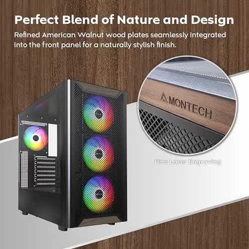 Montech XR Wood ATX Mid Tower Black / Brown Tempered Glass Side Panel image