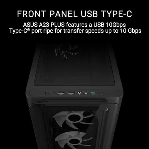 Asus A23 PLUS Micro ATX Mid Tower Black Tempered Glass Side Panel, USB 3.2 Gen 2 Type-C, USB 3.2 Gen 1 Type-A image
