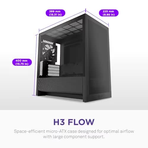 NZXT H3 Flow Micro ATX Mid Tower Black with Tinted Tempered Glass Side Panel and USB 3.2 Gen 2x2 Type-C, USB 3.2 Gen 1 Type-A Front Panel image