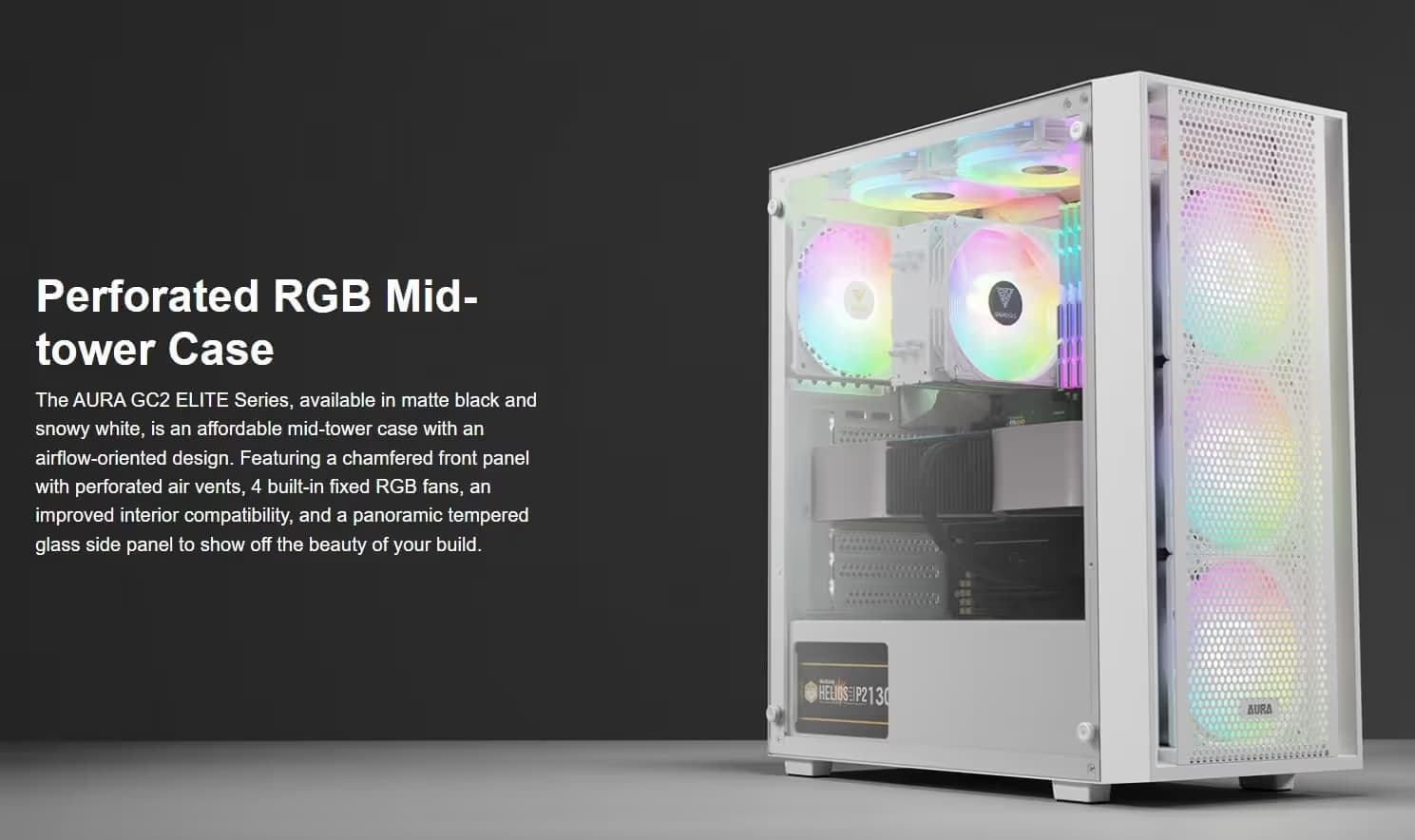 GAMDIAS AURA GC2 ELITE ATX Mid Tower White Tempered Glass Front Panel USB 3.2 Gen 1 Type-A USB 2.0 Type-A image