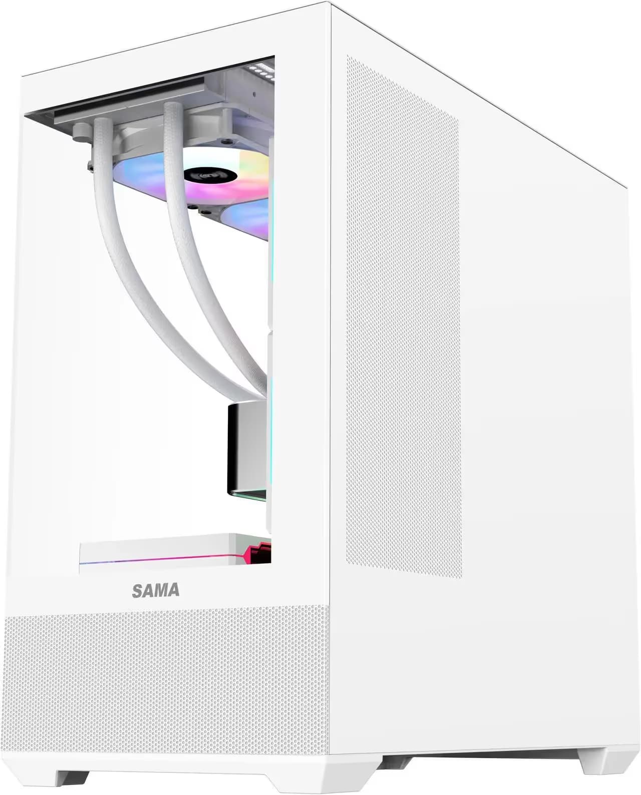 SAMA SV02 ATX Computer Gaming PC Case Mid Tower White with 3 ARGB Fans Pre-Installed, Tempered Glass Transparent Side Panel,BTF Back Plug Motherboard Design image