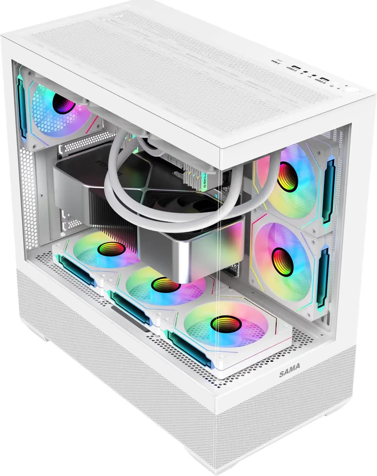 SAMA SV02 ATX Computer Gaming PC Case Mid Tower White with 3 ARGB Fans Pre-Installed, Tempered Glass Transparent Side Panel,BTF Back Plug Motherboard Design image