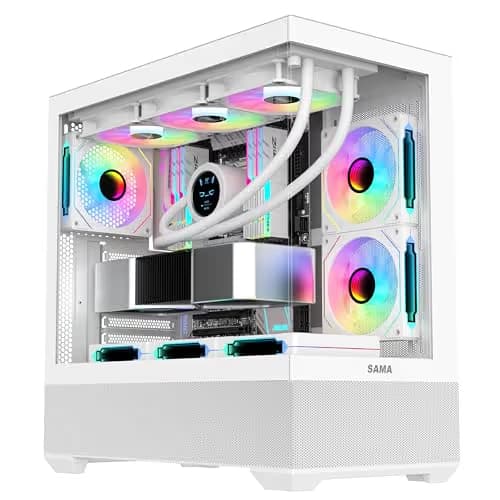 SAMA SV02 ATX Computer Gaming PC Case Mid Tower White with 3 ARGB Fans Pre-Installed, Tempered Glass Transparent Side Panel,BTF Back Plug Motherboard Design main image
