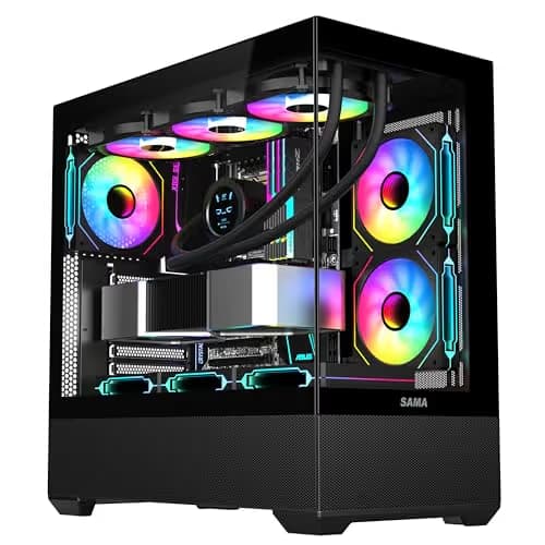 SAMA SV02 ATX Computer Gaming PC Case Mid Tower Black with 3 ARGB Fans Pre-Installed, Tempered Glass Transparent Side Panel,BTF Back Plug Motherboard Design image