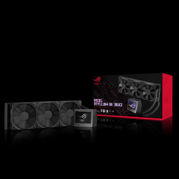 ASUS ROG Ryujin III 360 All-in-one Liquid CPU Cooler with 360mm Radiator. Asetek 8th gen Pump, 3X Noctua industrial PPC 120mm Fans, 3.5” Color LCD image