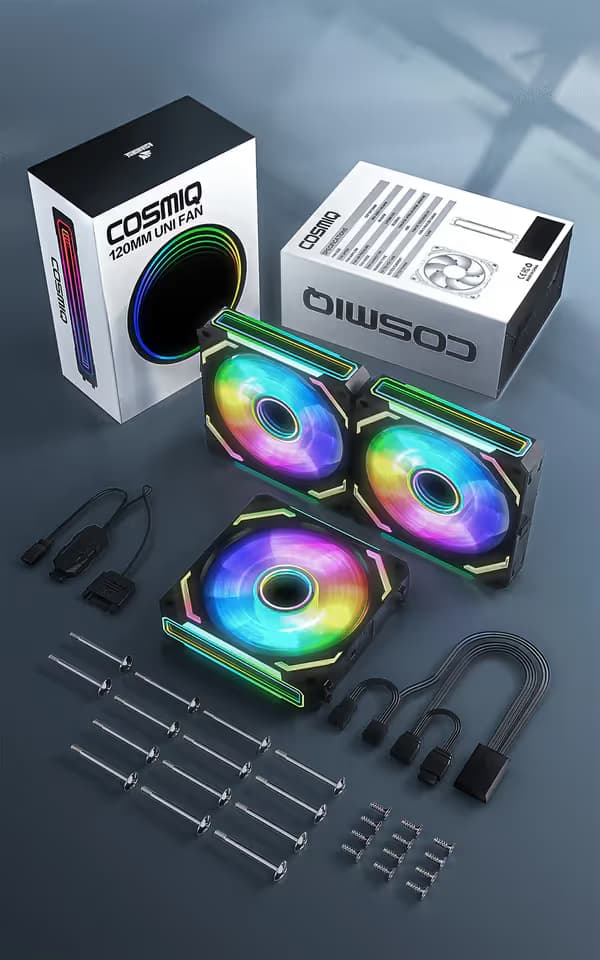 AsiaHorse COSMIQ 120mm PC RGB Fans Computer Case Fans, 5V 3-PIN Connector Daisy Chain PWM Black Pack of 3 image