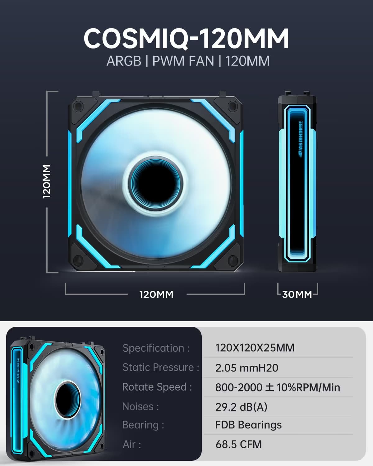 AsiaHorse COSMIQ 120mm PC RGB Computer Case Fans, 5V 3-PIN Connector Daisy Chain PWM Cooling White Pack of 3 image