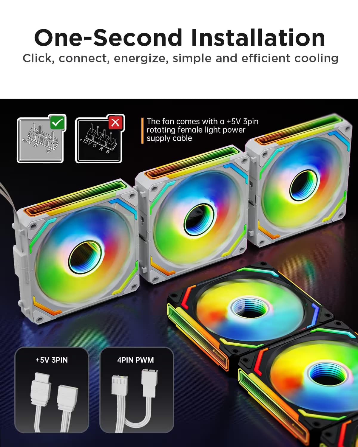 AsiaHorse COSMIQ 120mm Case Fan, Infinity Mirror FDB Reverse Fan with 5V 3-PIN Connector White Pack of 3 image