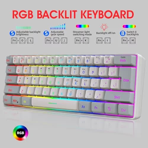 Snpurdiri 60% Wired Gaming Keyboard, 61 Keys RGB Backlit Small Gaming Keyboard for PC/Mac Gamer, Typist, Travel, Easy to Carry on Business Trip(Grey-White) image