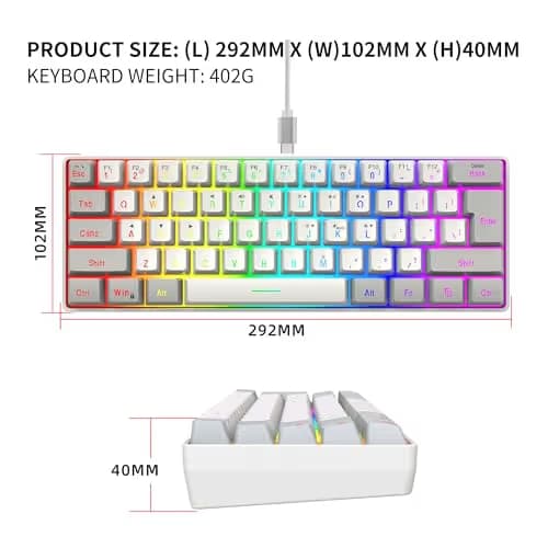 Snpurdiri 60% Wired Gaming Keyboard, 61 Keys RGB Backlit Small Gaming Keyboard for PC/Mac Gamer, Typist, Travel, Easy to Carry on Business Trip(Grey-White) image