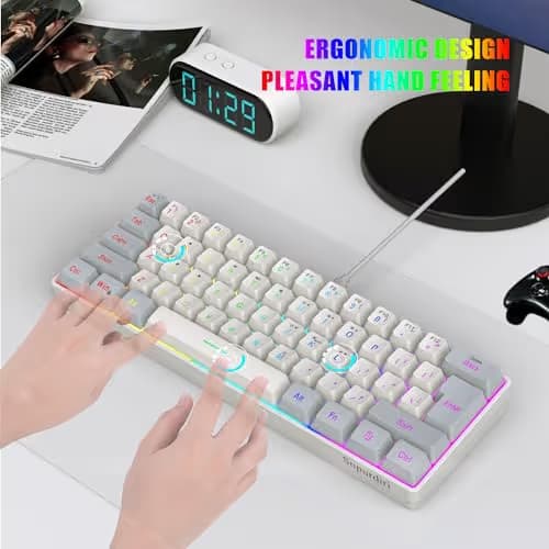 Snpurdiri 60% Wired Gaming Keyboard, 61 Keys RGB Backlit Small Gaming Keyboard for PC/Mac Gamer, Typist, Travel, Easy to Carry on Business Trip(Grey-White) image