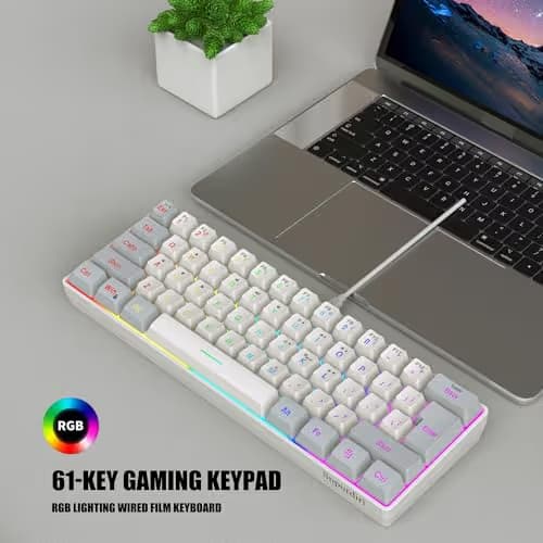 Snpurdiri 60% Wired Gaming Keyboard, 61 Keys RGB Backlit Small Gaming Keyboard for PC/Mac Gamer, Typist, Travel, Easy to Carry on Business Trip(Grey-White) image
