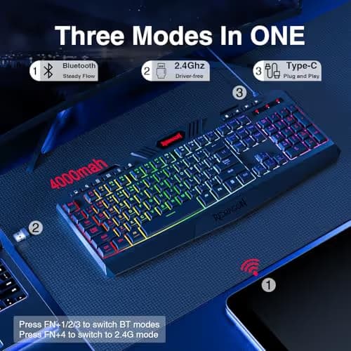 Redragon K503 Wireless Gaming Keyboard, 3-Mode (2.4G/BT/USB), RGB LED Backlit, Multimedia Keys, Fully Programmable Silent Membrane Keyboard with Wrist Rest for Windows PC Games (Black) image