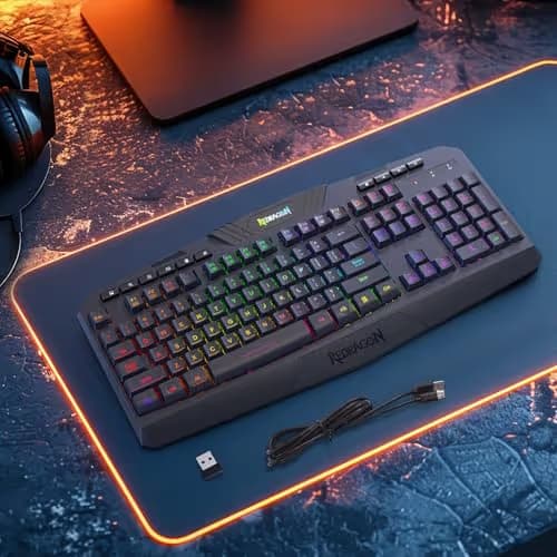 Redragon K503 Wireless Gaming Keyboard, 3-Mode (2.4G/BT/USB), RGB LED Backlit, Multimedia Keys, Fully Programmable Silent Membrane Keyboard with Wrist Rest for Windows PC Games (Black) image