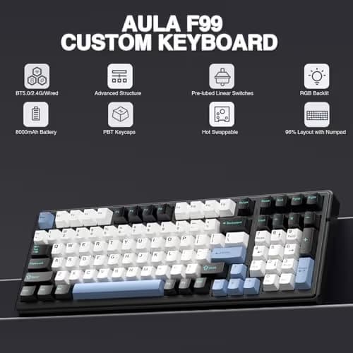 AULA F99 Wireless Mechanical Keyboard,Tri-Mode BT5.0/2.4GHz/USB-C Hot Swappable Custom Keyboard,Pre-lubed Linear Switches,RGB Backlit Gaming Keyboards for PC/Tablet/Xbox/PS4/PS5 image