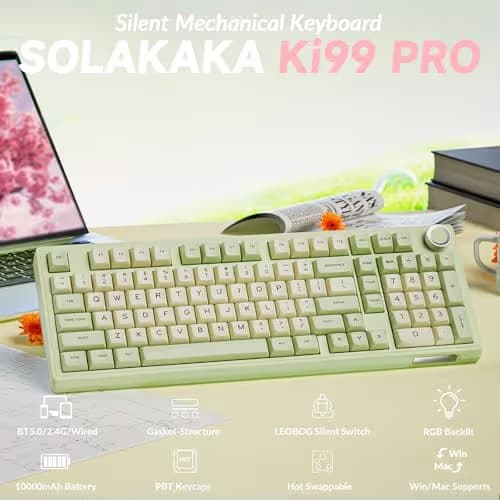 SOLAKAKA KI99 Pro Wireless Mechanical Keyboard Quiet Switch,Hot Swappable Pre-Lubed Switches Silent Keyboard with RGB Backlit,Gasket Structure Computer Gaming Keyboards(GreenWhite, Silent Switch) image