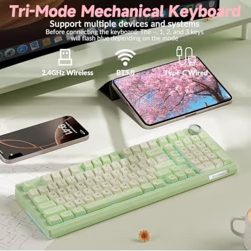 SOLAKAKA KI99 Pro Wireless Mechanical Keyboard Quiet Switch,Hot Swappable Pre-Lubed Switches Silent Keyboard with RGB Backlit,Gasket Structure Computer Gaming Keyboards(GreenWhite, Silent Switch) image
