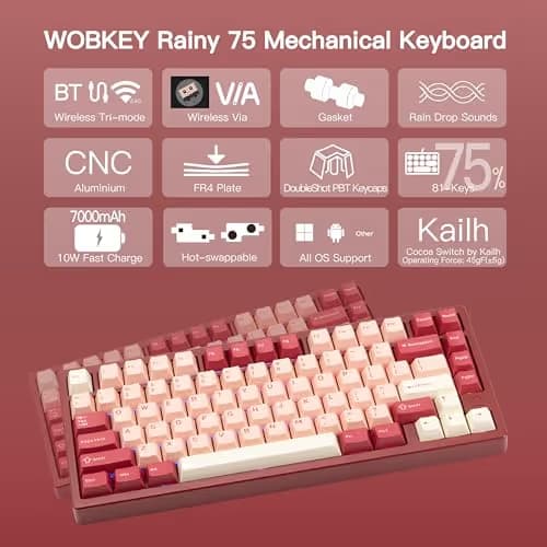 KEEBMONKEY WOBKEY Rainy 75 CNC Aluminum HMX/JWK/Cocoa Switches Triple-Mode Connectivity Mechanical Keyboard with Superior Acoustics, RGB/FR4/Silver SUS304/7000mAh/Cocoa Switch (Pro - Red Velvet) image
