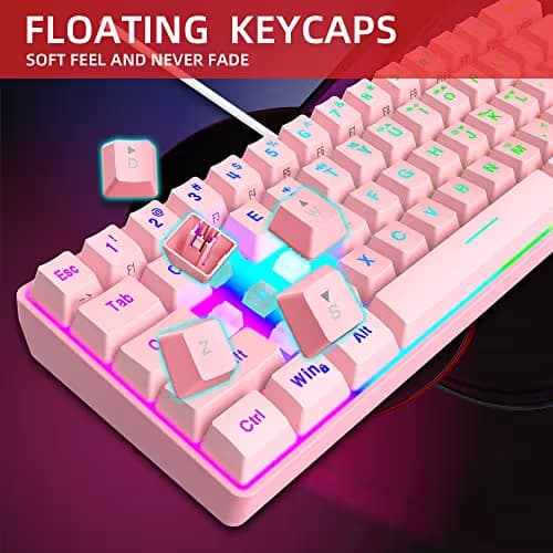 Snpurdiri 60% Wired Gaming Keyboard, 61 Keys RGB Backlit Ultra-Compact Mini Gaming Keyboard for PC/Mac Gamer, Typist, Travel, Easy to Carry on Business Trip(Pink) image