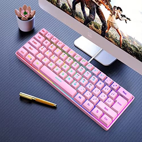 Snpurdiri 60% Wired Gaming Keyboard, 61 Keys RGB Backlit Ultra-Compact Mini Gaming Keyboard for PC/Mac Gamer, Typist, Travel, Easy to Carry on Business Trip(Pink) image